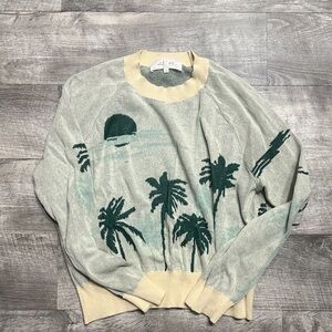 THE GREAT. Beige and Green Palm Crewneck Sweater